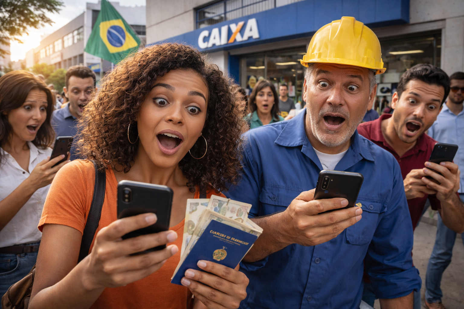 Trabalhador consultando o calend&aacute;rio do PIS/Pasep 2026 no celular com fundo de notas de Real.