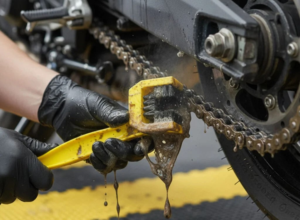 Imagem: Lavagem profunda na corrente da moto